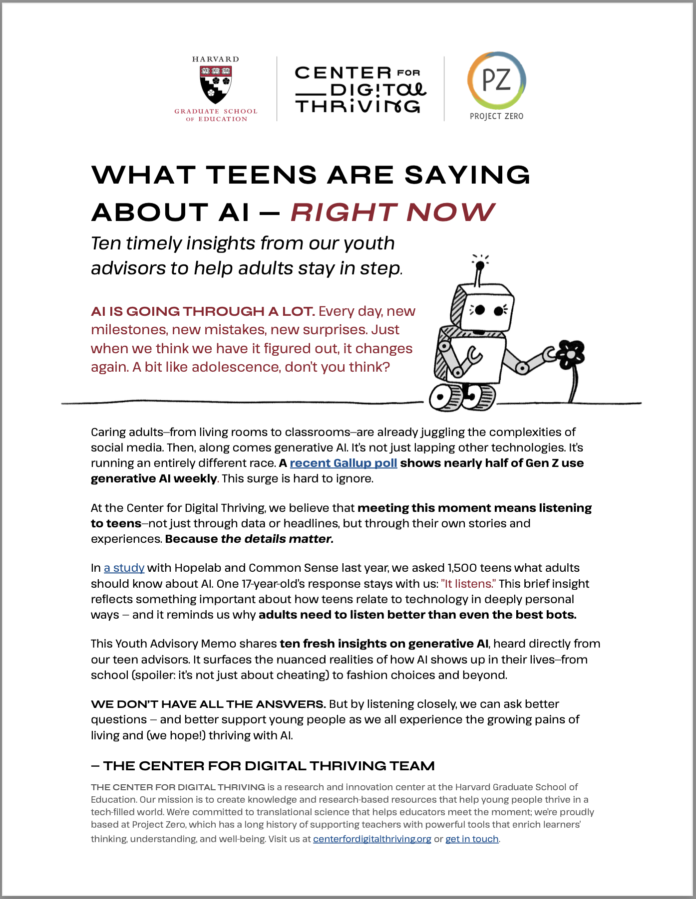 A report highlights Gen Z teens’ insights on AI, with text and logos from Harvard and Project Zero at the top.